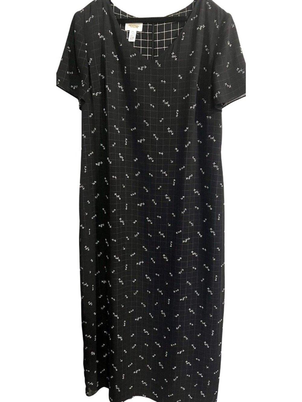 Talbots Maxi Black/White Grid Floral Print Short-Sleeve Dress14 Back-slit 16”